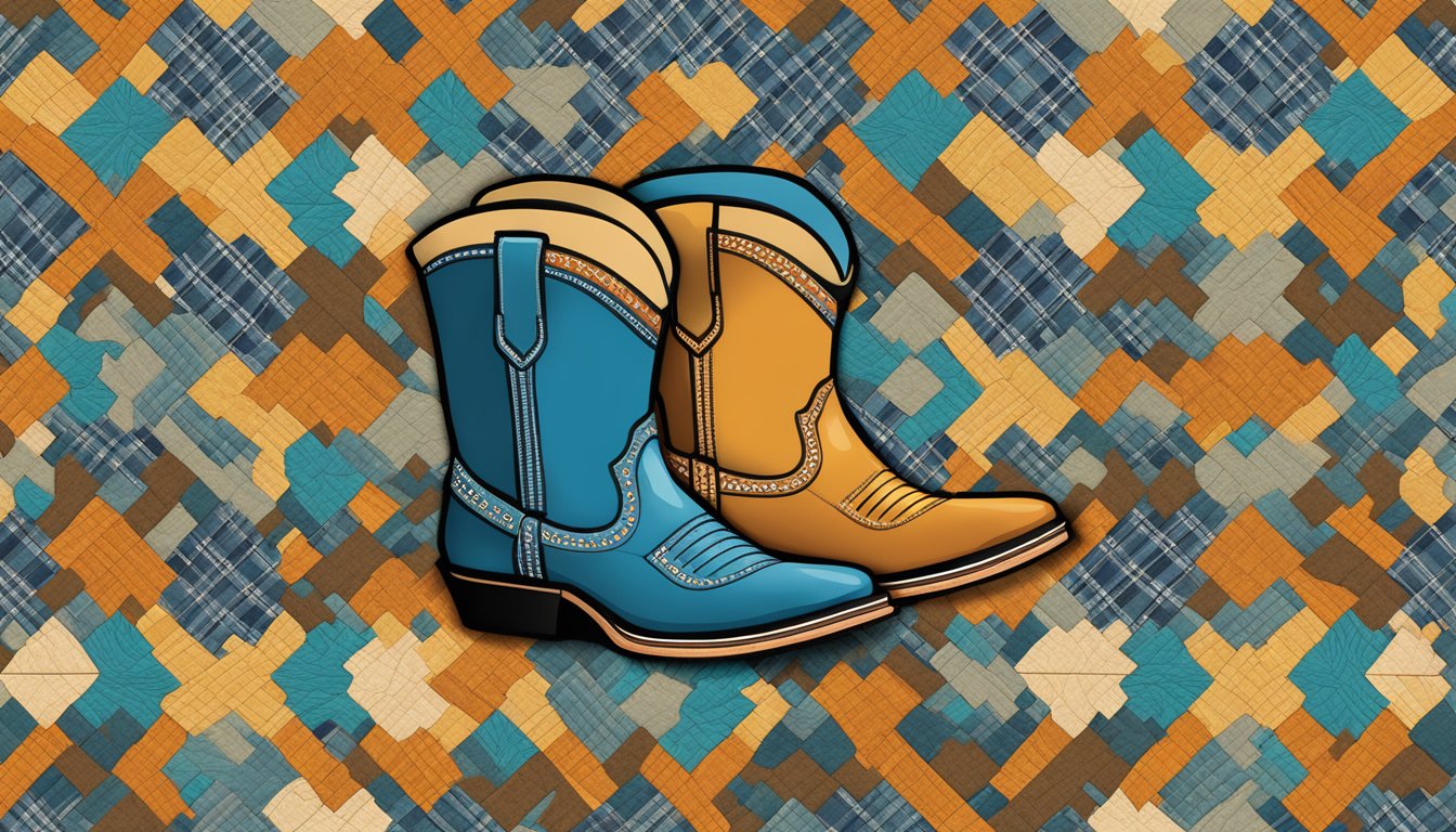 A traditional German-Texan quilt pattern adorns a cowboy hat and a pair of cowboy boots, symbolizing the fusion of German and Texan influences on fashion and textiles in Texas