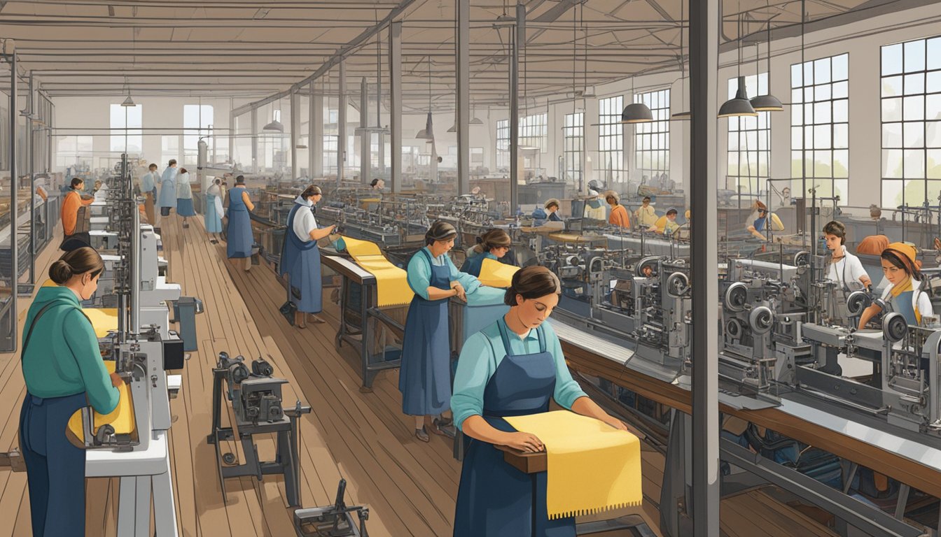 A bustling textile factory in Texas, with German-Texan workers operating looms and sewing machines, producing traditional and modern fashion pieces