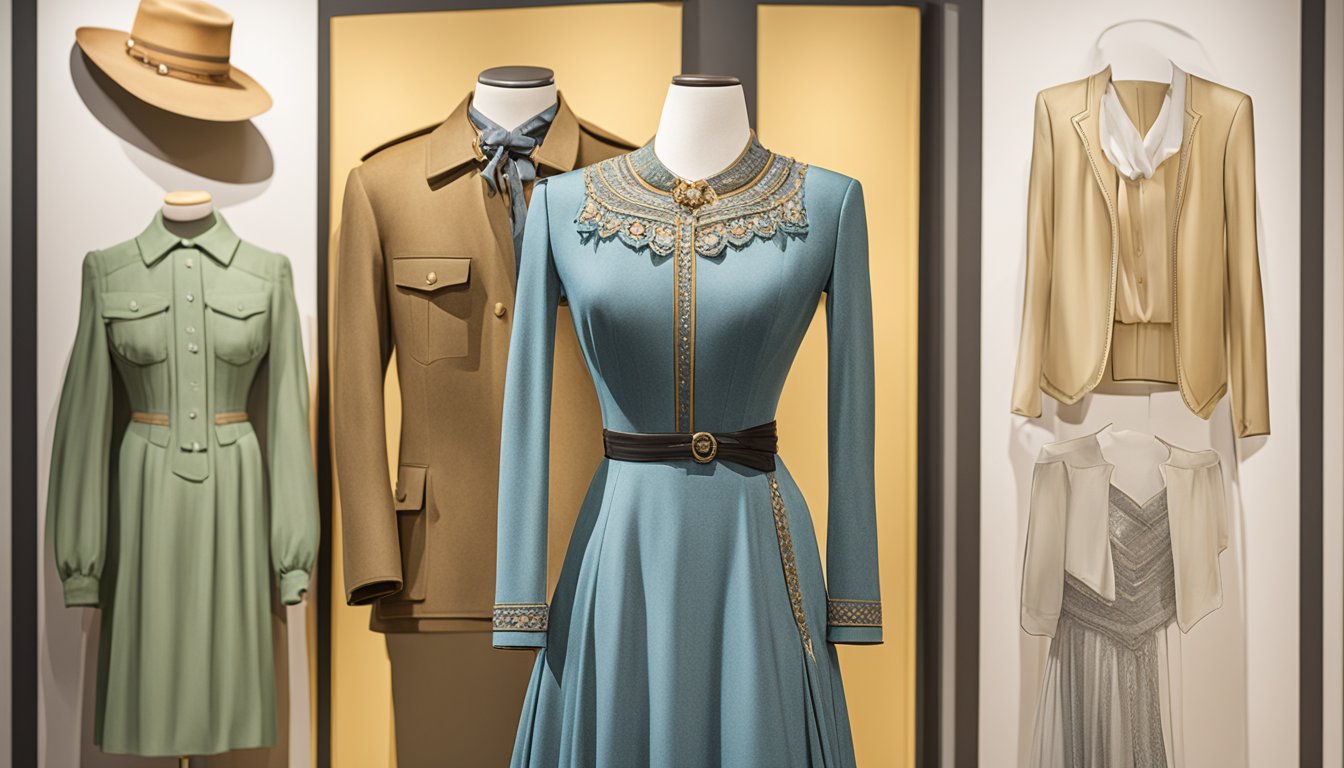 A vintage German Texan dress displayed alongside modern Texas fashion in a museum exhibit