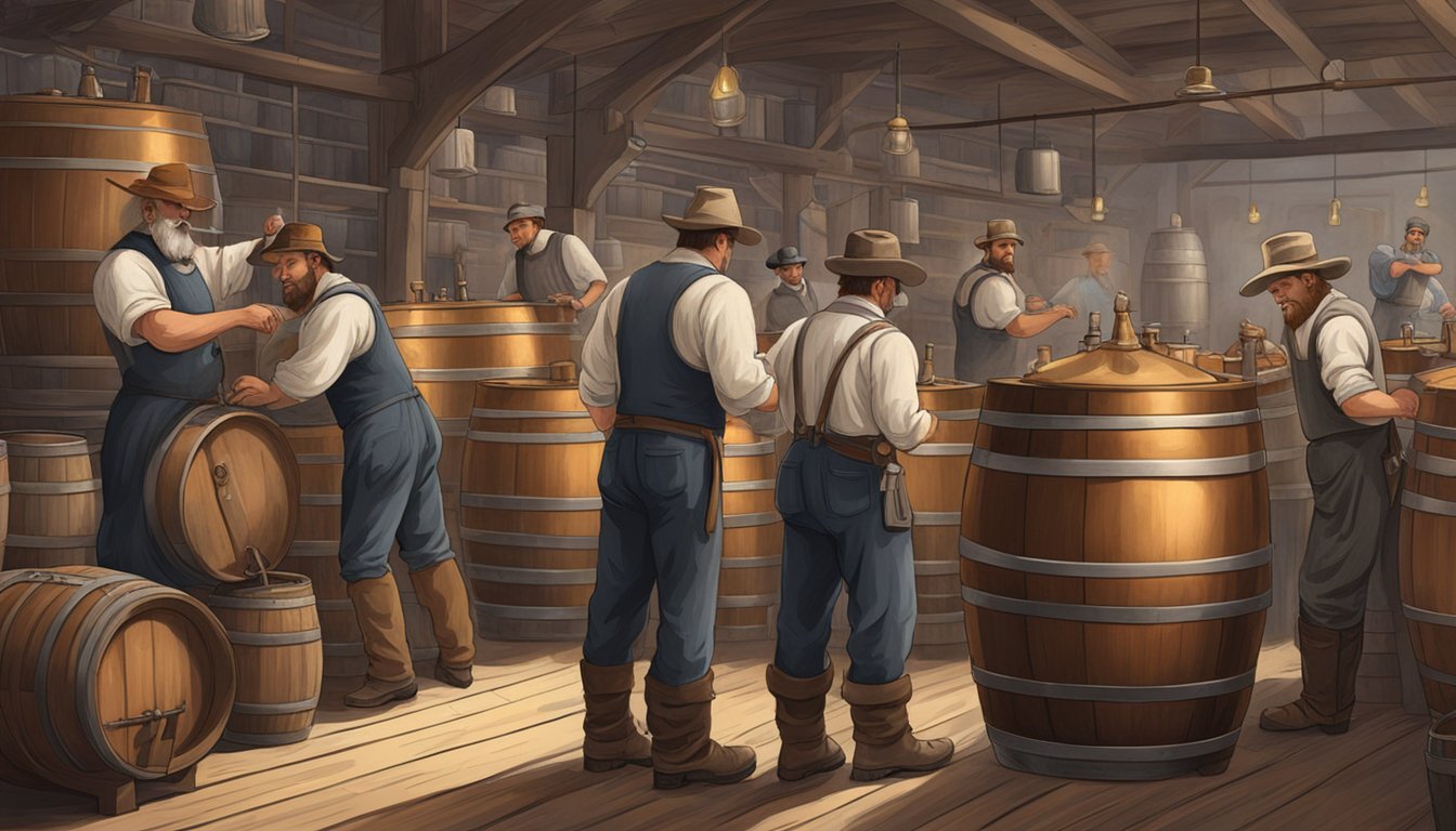 A bustling 19th-century German Texan brewery with workers tending to large copper brewing vats and barrels of aging beer and spirits