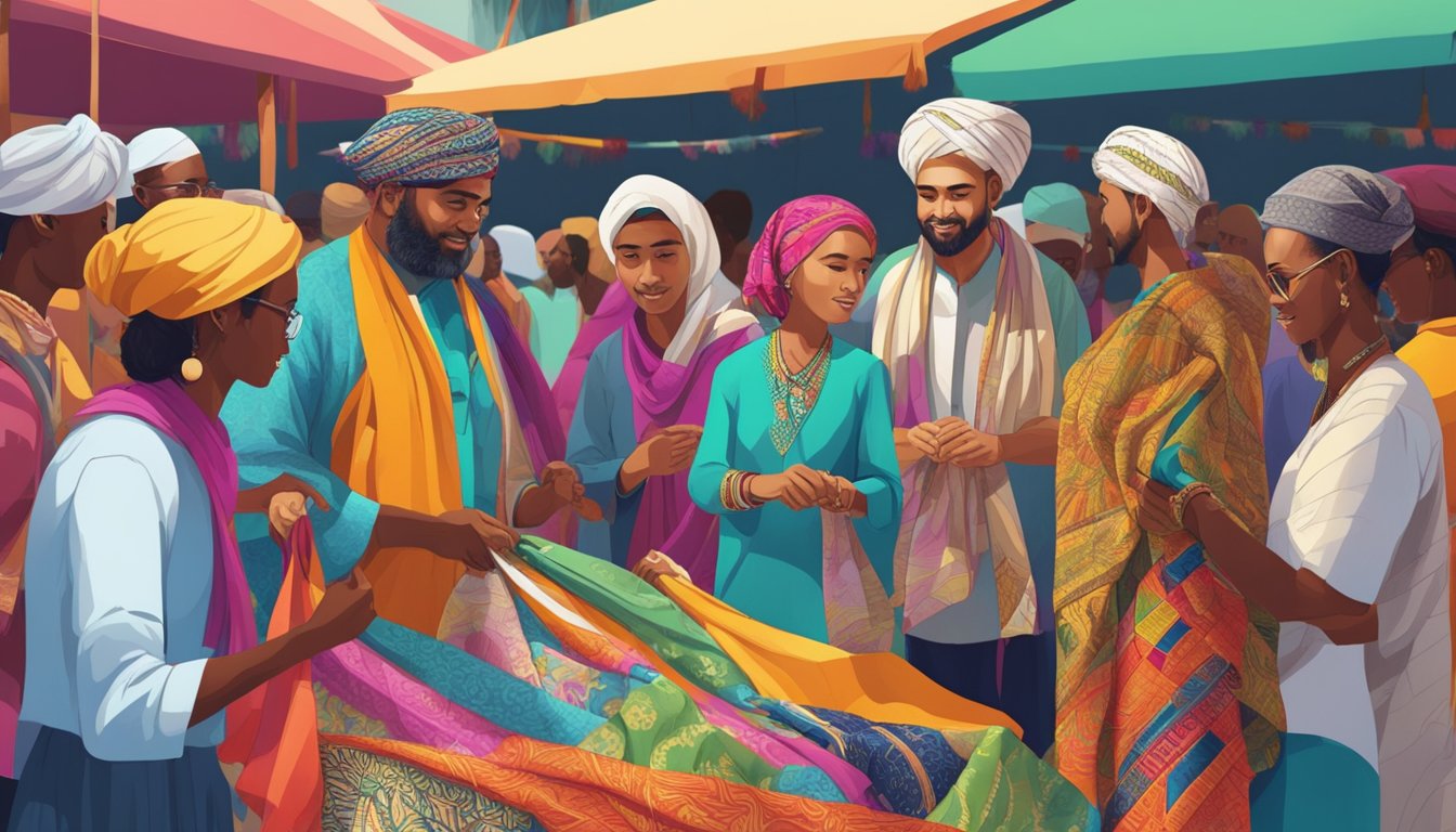 A group of people from different cultures exchanging clothing and textile designs in a vibrant marketplace