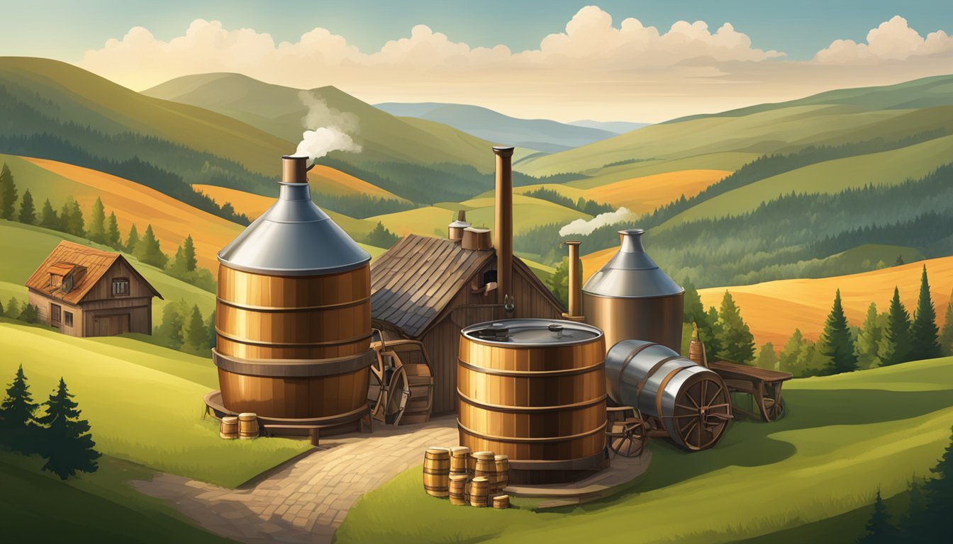 A traditional German-style brewery with copper brewing kettles and wooden barrels, surrounded by rolling hills and a scenic countryside