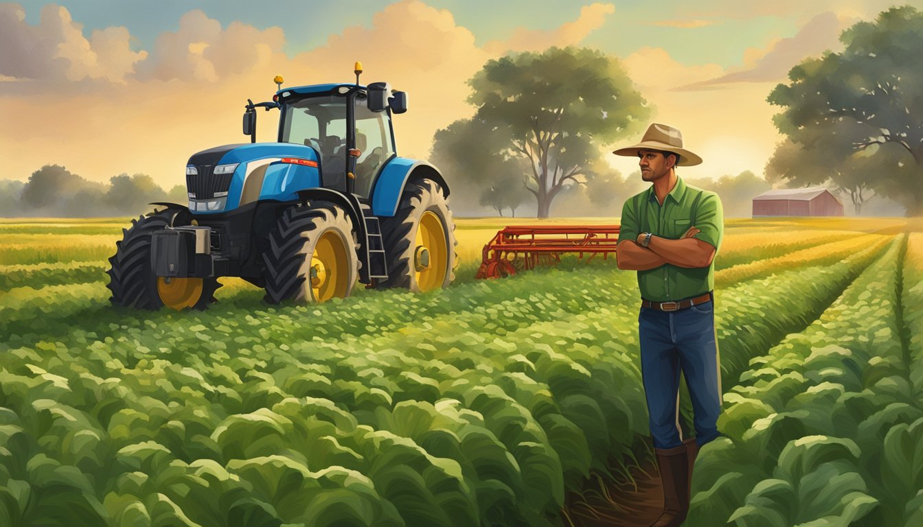 A modern German Texan farmer tends to a lush field of crops, utilizing advanced agricultural technology to carry on the legacy of German contributions to Texas agriculture