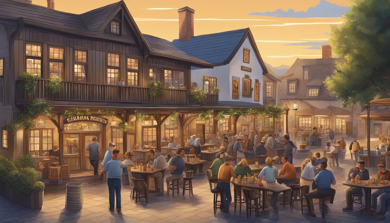 A bustling German Texan brewery, surrounded by traditional architecture, with patrons enjoying drinks outdoors