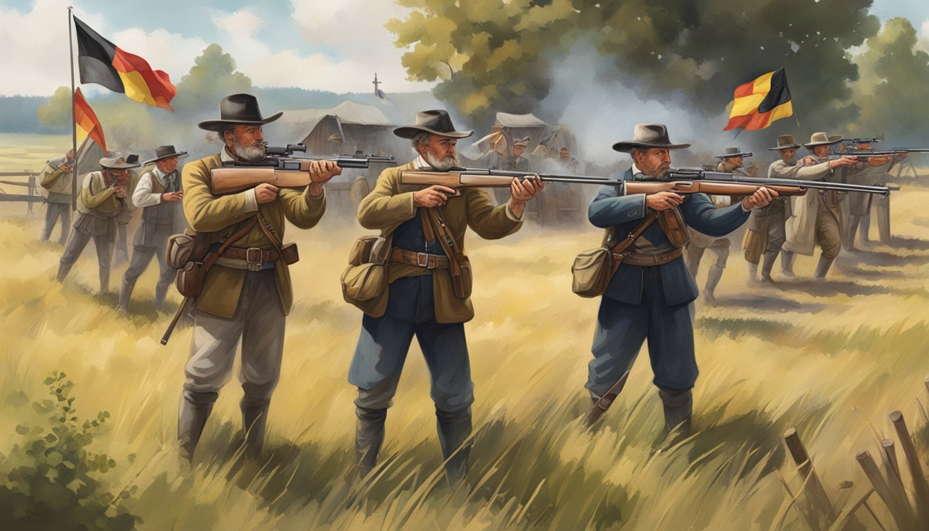 A group of German Texans gather in a rural setting, shooting at targets with rifles and pistols. Traditional clothing and flags adorn the area