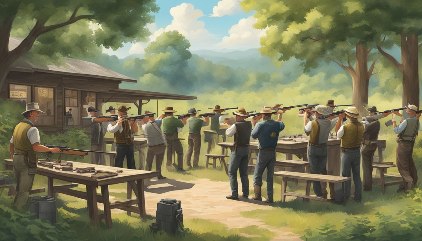 A group of German Texan shooting clubs gathering at a historic shooting range, surrounded by lush greenery and old-fashioned shooting targets