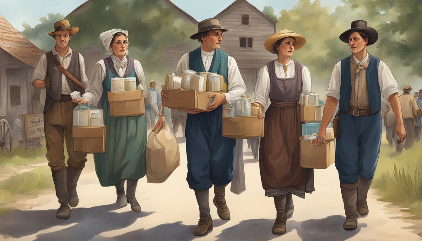 A group of German immigrants in traditional clothing delivering medical supplies to a Texas community