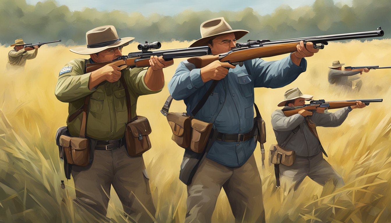 A group of German Texan shooting clubs gather in a rural field, firing at targets with precision and camaraderie