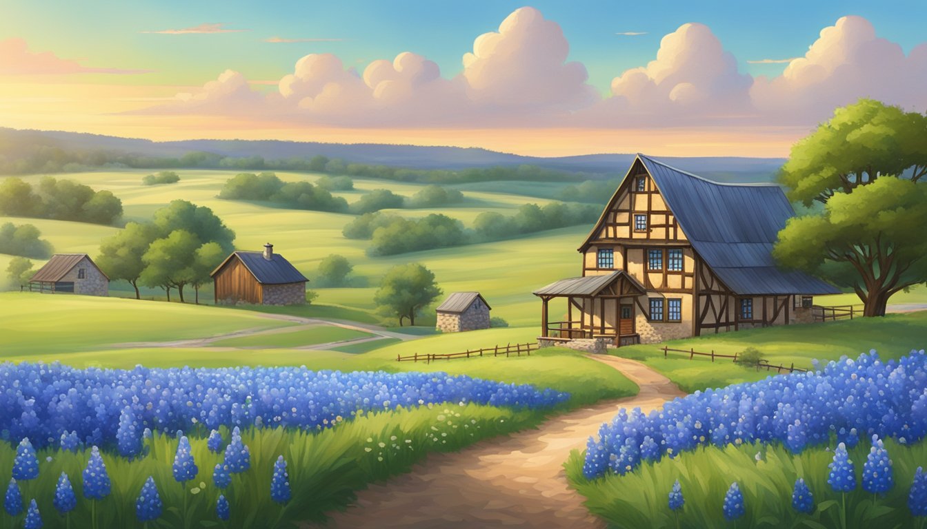 A traditional German-style half-timbered house nestled in the rolling hills of Texas, surrounded by fields of bluebonnets and a windmill turning in the distance