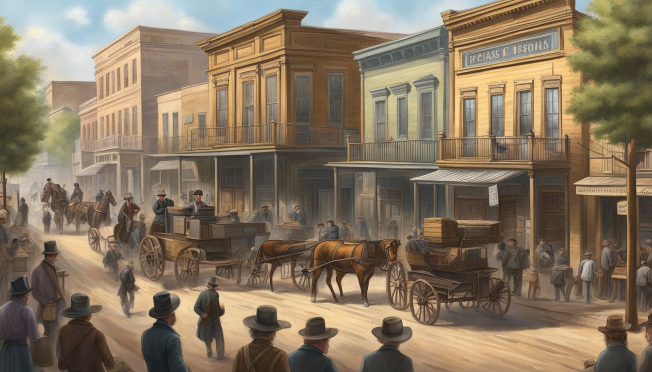 A bustling 19th century Texas town with German immigrants establishing banks and financial institutions, shaping the state's economic landscape