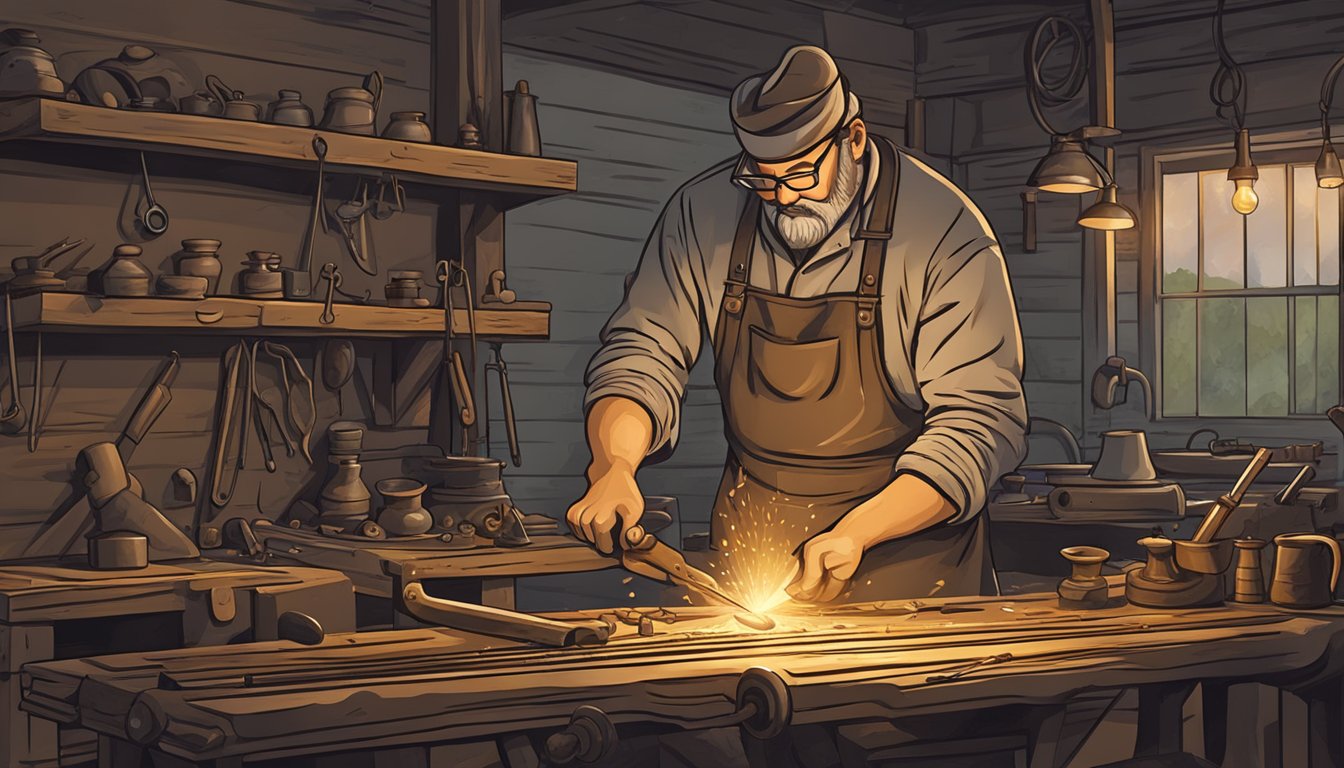 A blacksmith shaping a traditional German Texan jewelry piece at a rustic metalworking workshop