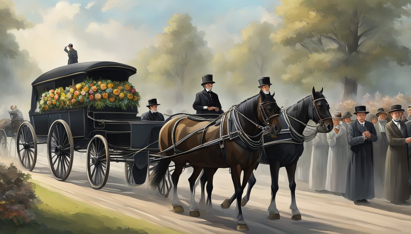 A solemn procession of mourners carrying wreaths and wearing traditional German attire follows a horse-drawn hearse to the cemetery