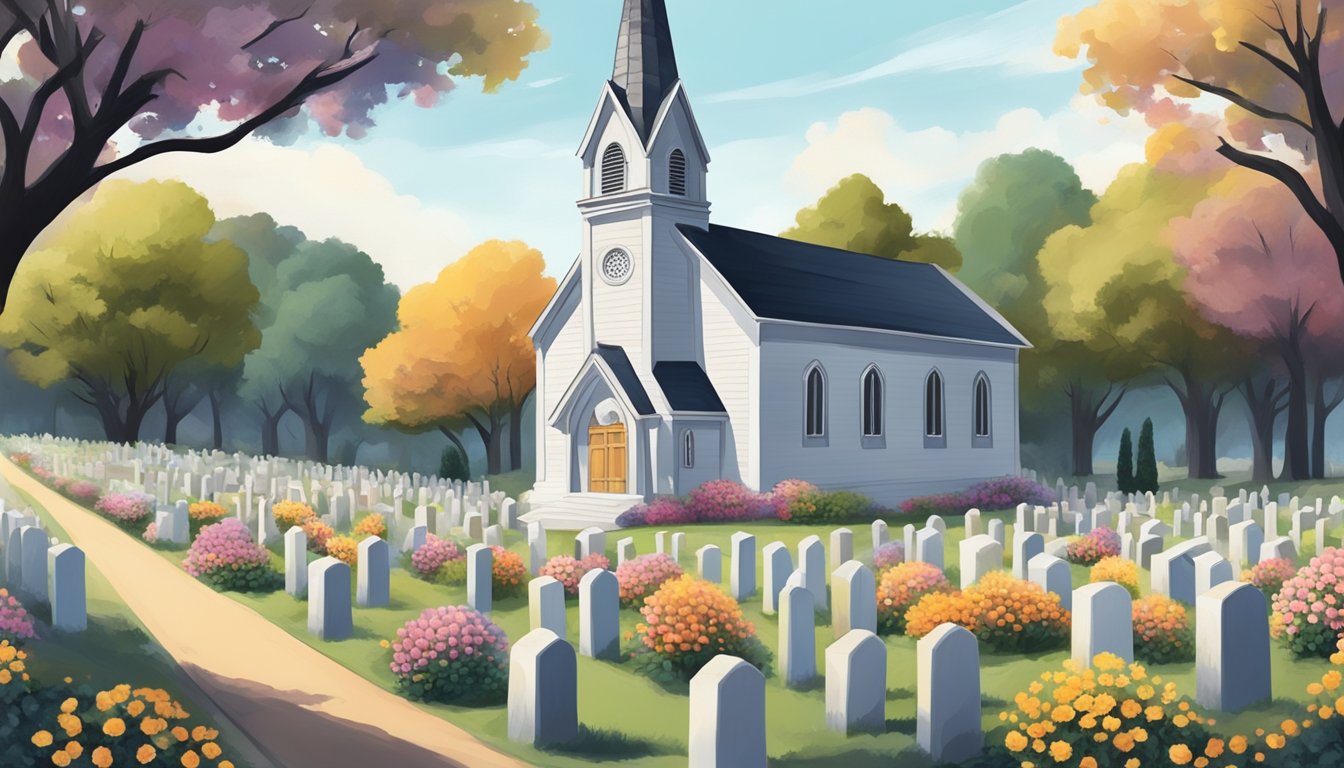 A small church with a steeple surrounded by a cemetery with headstones and flowers, as mourners gather for a traditional German Texan funeral service