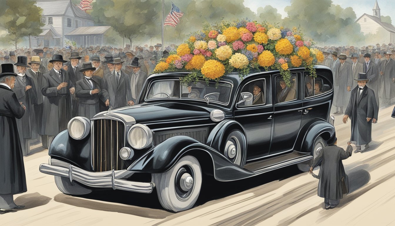 A somber procession of mourners follows a hearse adorned with flowers, led by a German Texan pastor in traditional attire