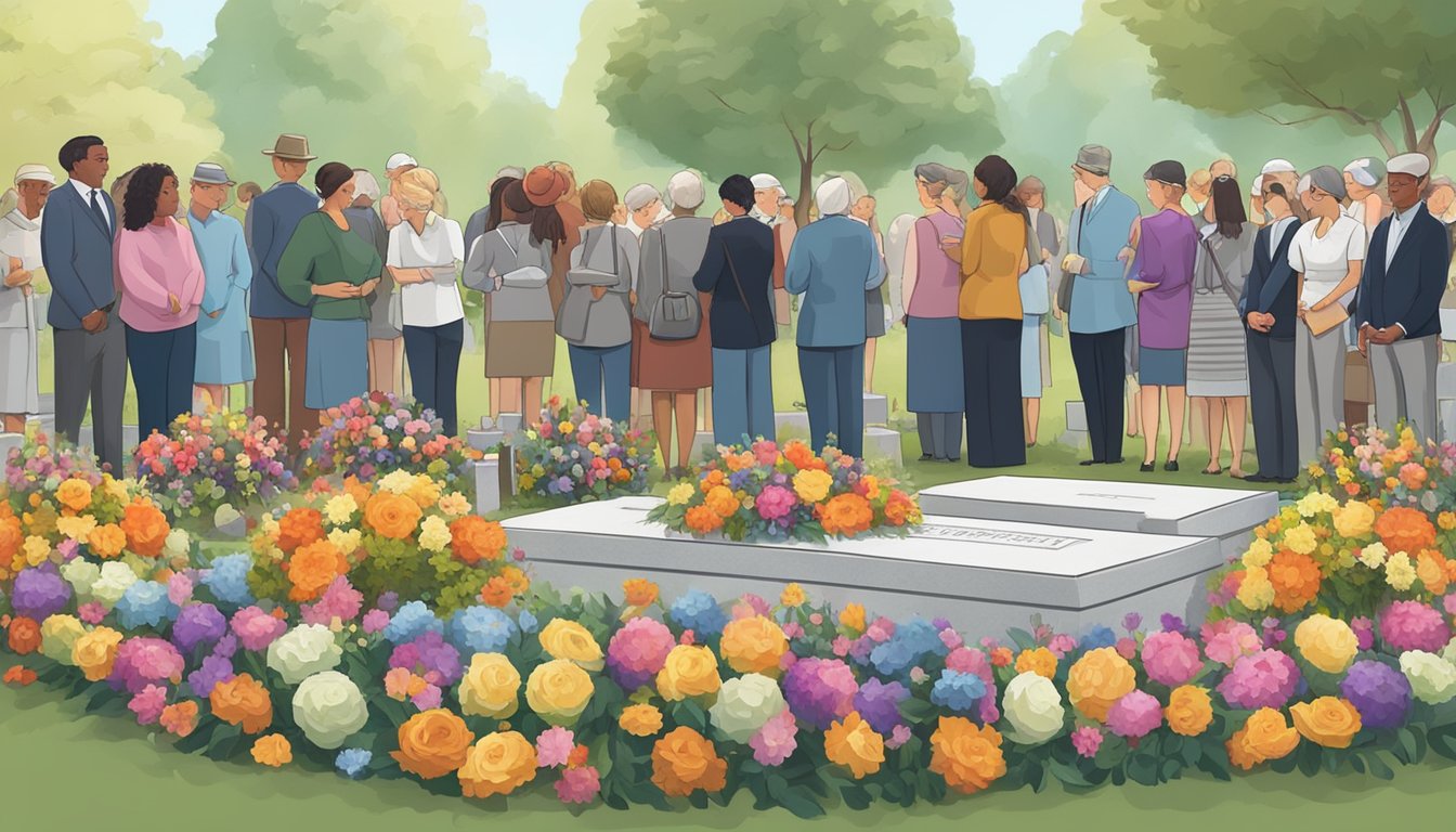 A group of people gather around a gravesite, adorned with colorful flowers and wreaths, as they pay their respects to the deceased