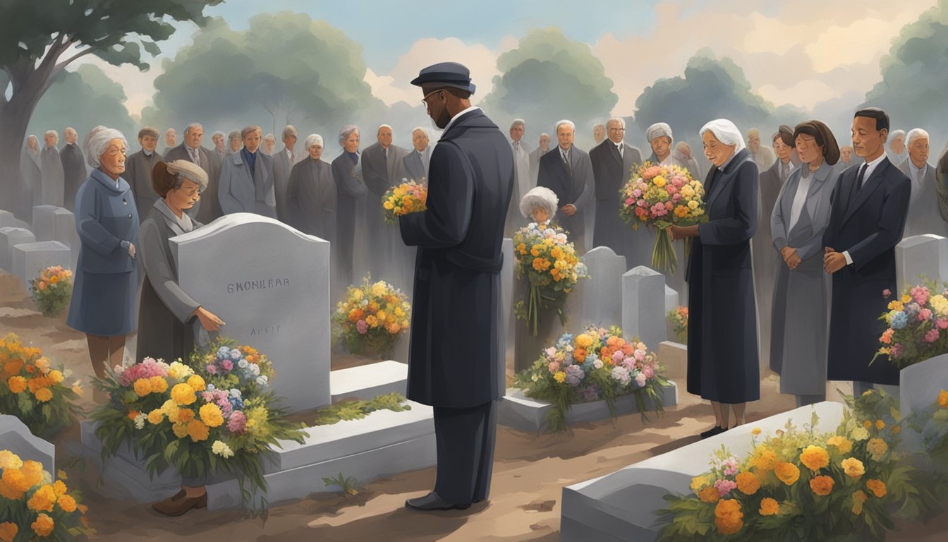 A group of mourners gather around a gravesite, placing flowers and wreaths on the freshly dug earth. A minister leads a prayer as the somber atmosphere hangs heavy in the air