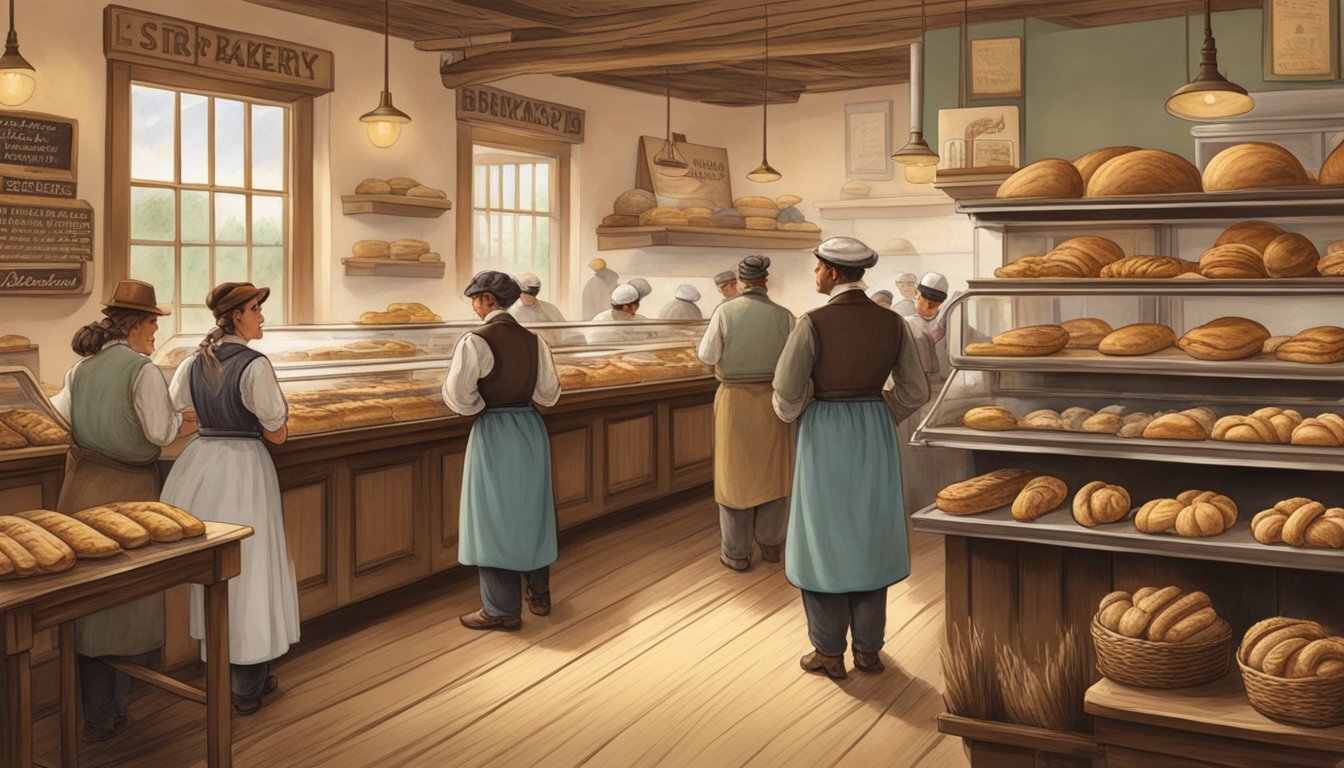 A bustling German Texan bakery in the late 1800s, filled with the aroma of freshly baked bread and pastries. Customers line up at the counter while bakers work diligently in the background