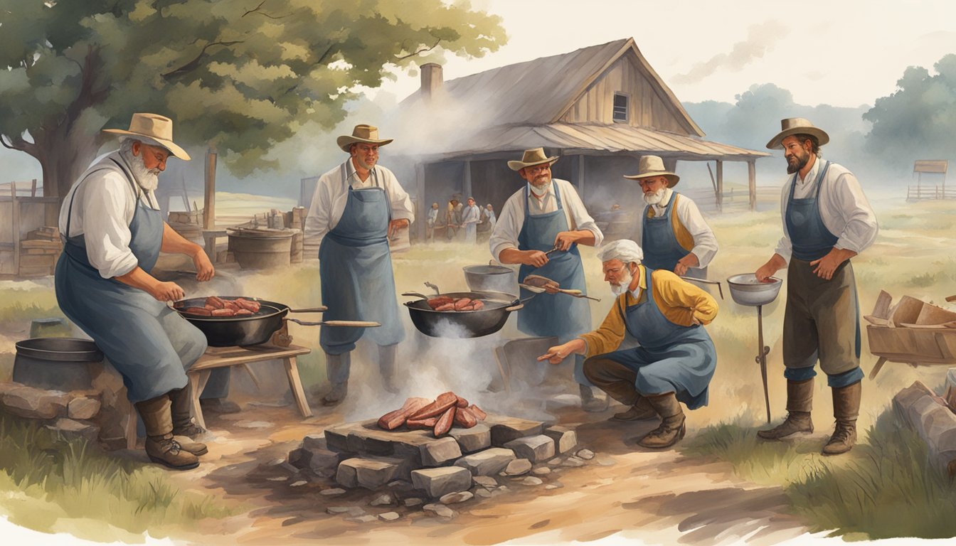 A group of German settlers cooking meat over a smoky fire in the Texas countryside. A mix of German and Texan influences evident in the preparation and flavors