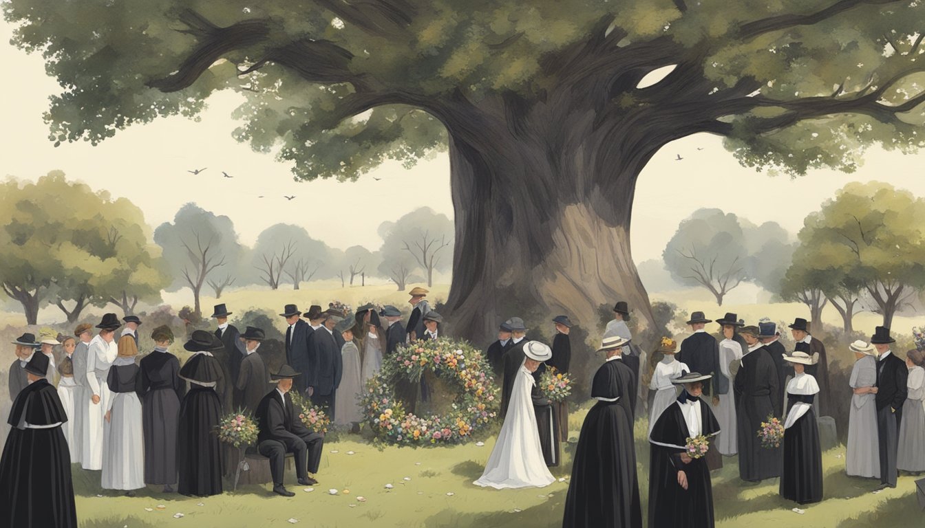 A somber gathering under a large oak tree, with mourners dressed in traditional German and Texan funeral attire. Flowers and wreaths adorn the area