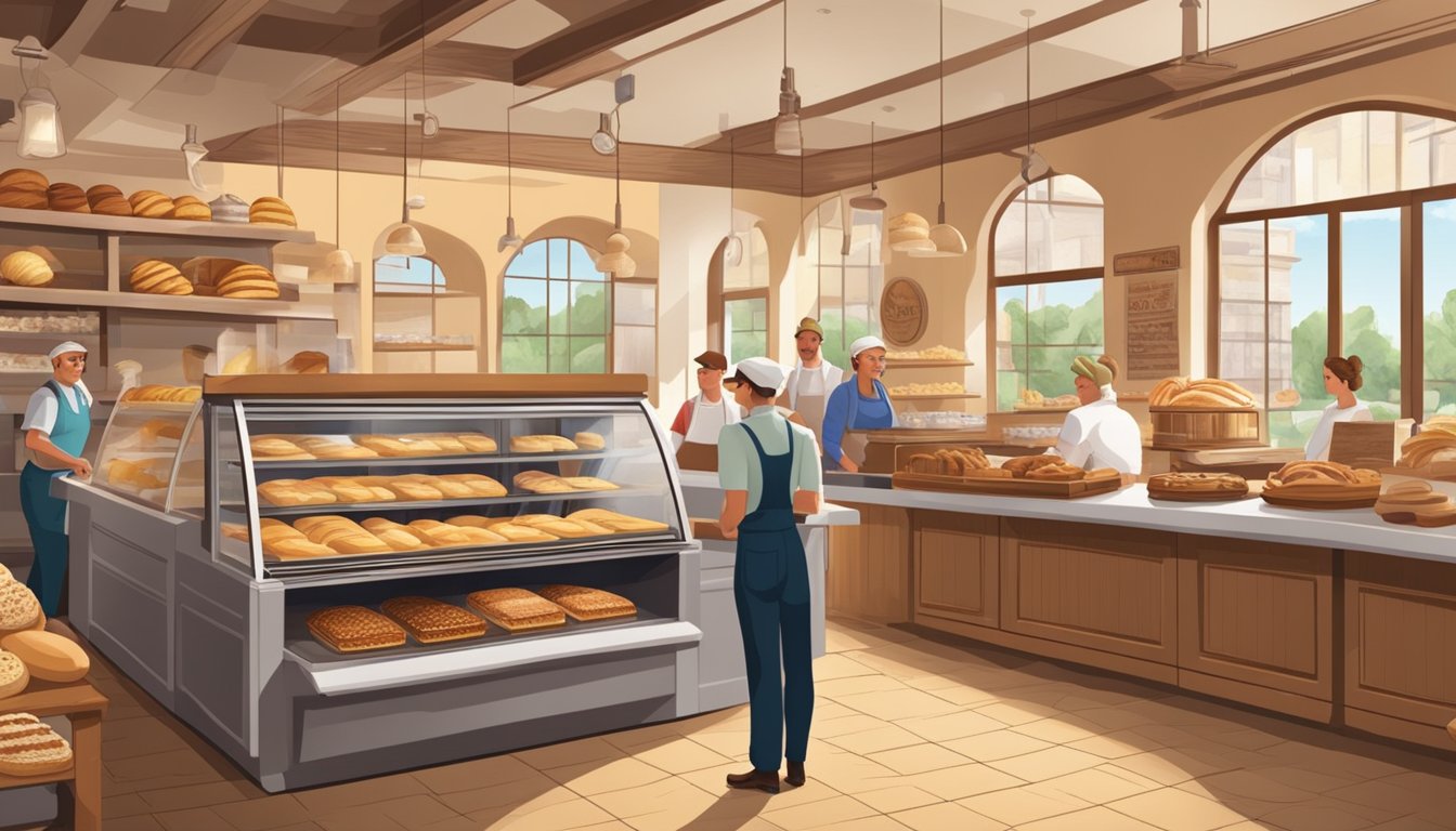 A bustling German Texan bakery with traditional pastries and breads on display. Customers chat with the bakers behind the counter