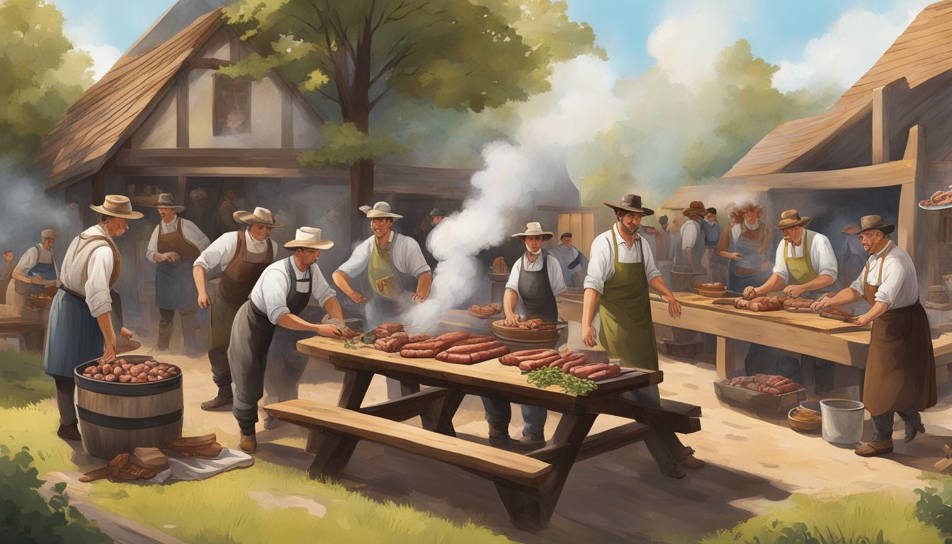 A group of German Texans tending to a large smoking pit filled with various meats and sausages, surrounded by a rustic outdoor setting with wooden tables and benches