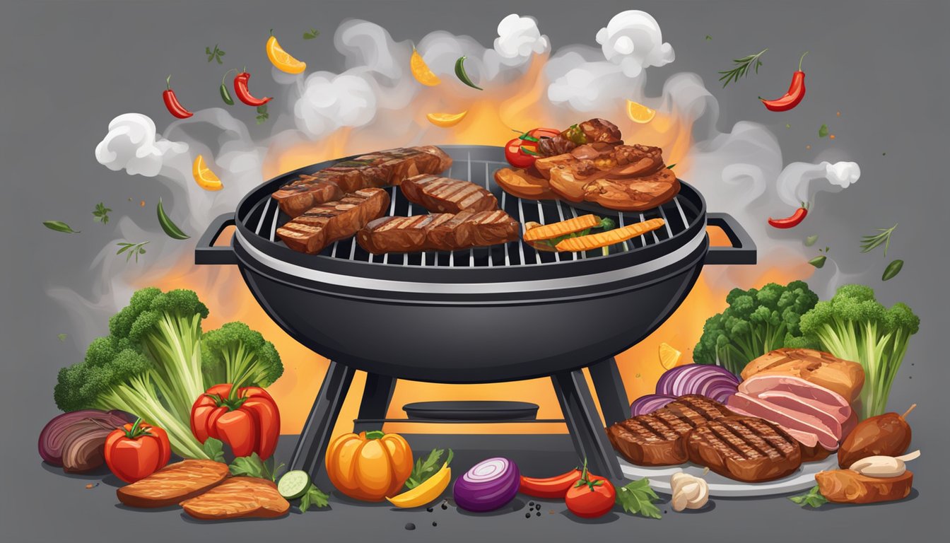 A large grill sizzling with various meats and vegetables, surrounded by smoke and the aroma of barbecue