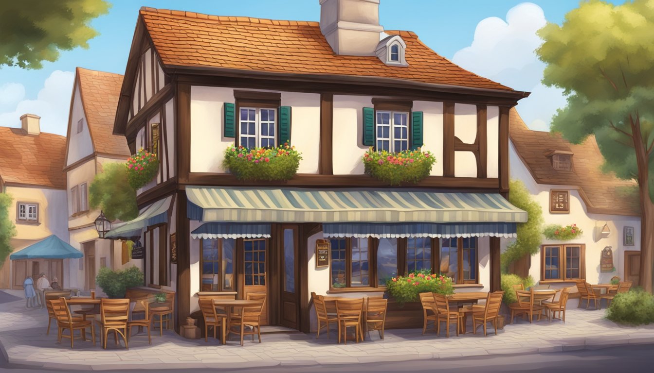 A quaint German Texan bakery nestled in a charming village, with a traditional half-timbered facade and a welcoming outdoor seating area