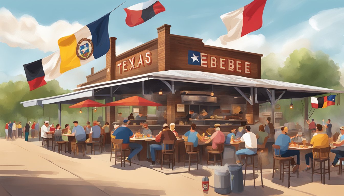 A bustling Texas barbecue joint with German and Texan flags flying, smoke rising from the pit, and patrons enjoying hearty meals