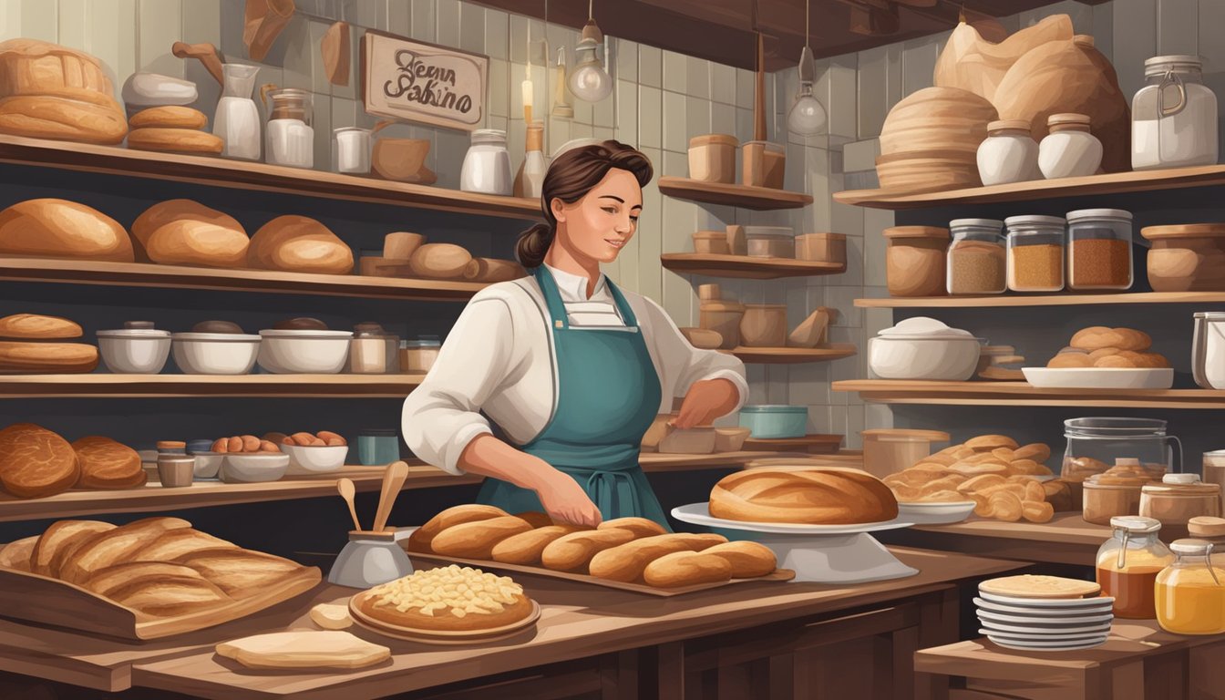 A bustling German Texan bakery, with traditional recipes and techniques on display, surrounded by shelves of fresh ingredients and vintage baking tools