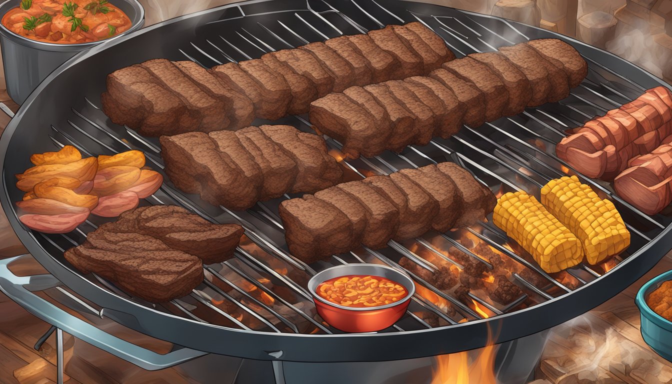 A Texan barbecue pit with a mix of German and Texan seasonings, surrounded by smoke and sizzling meat