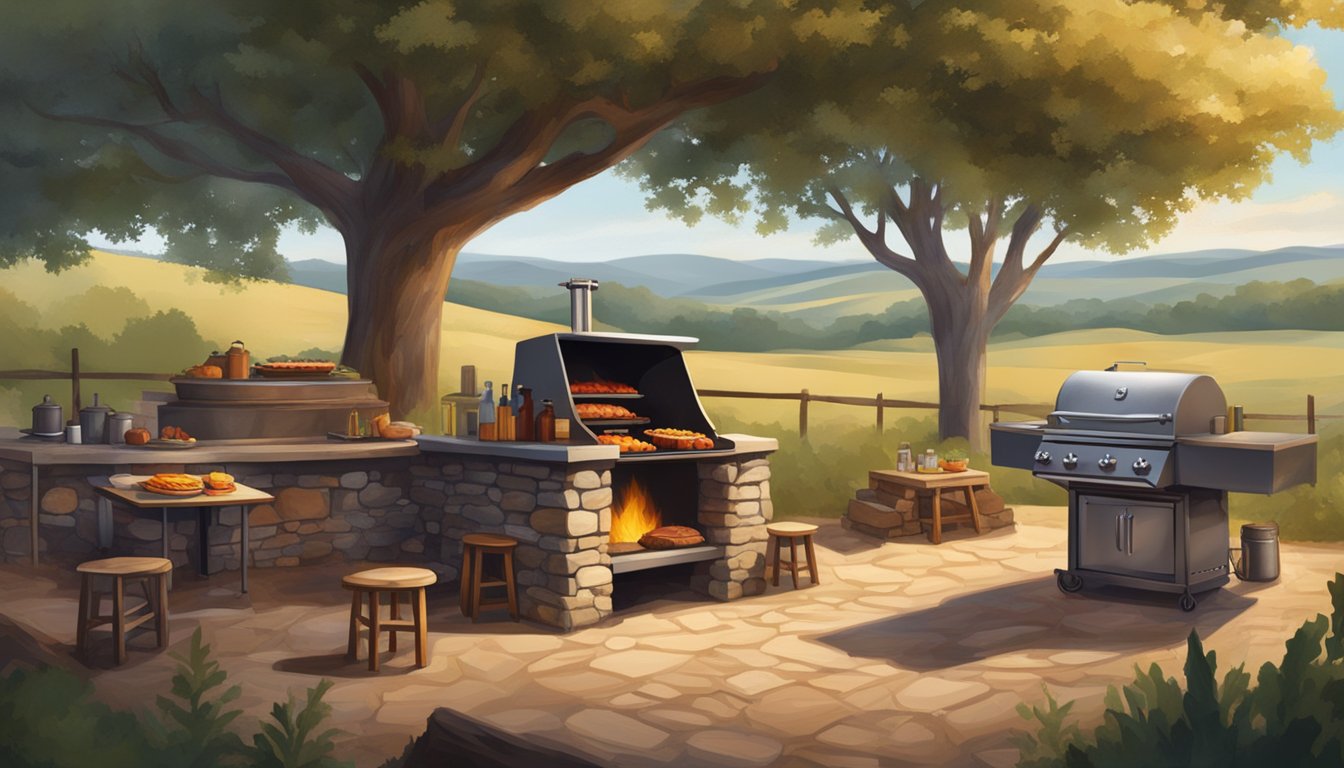 A rustic Texas barbecue pit with a mix of German and Texan influences, surrounded by rolling hills and oak trees