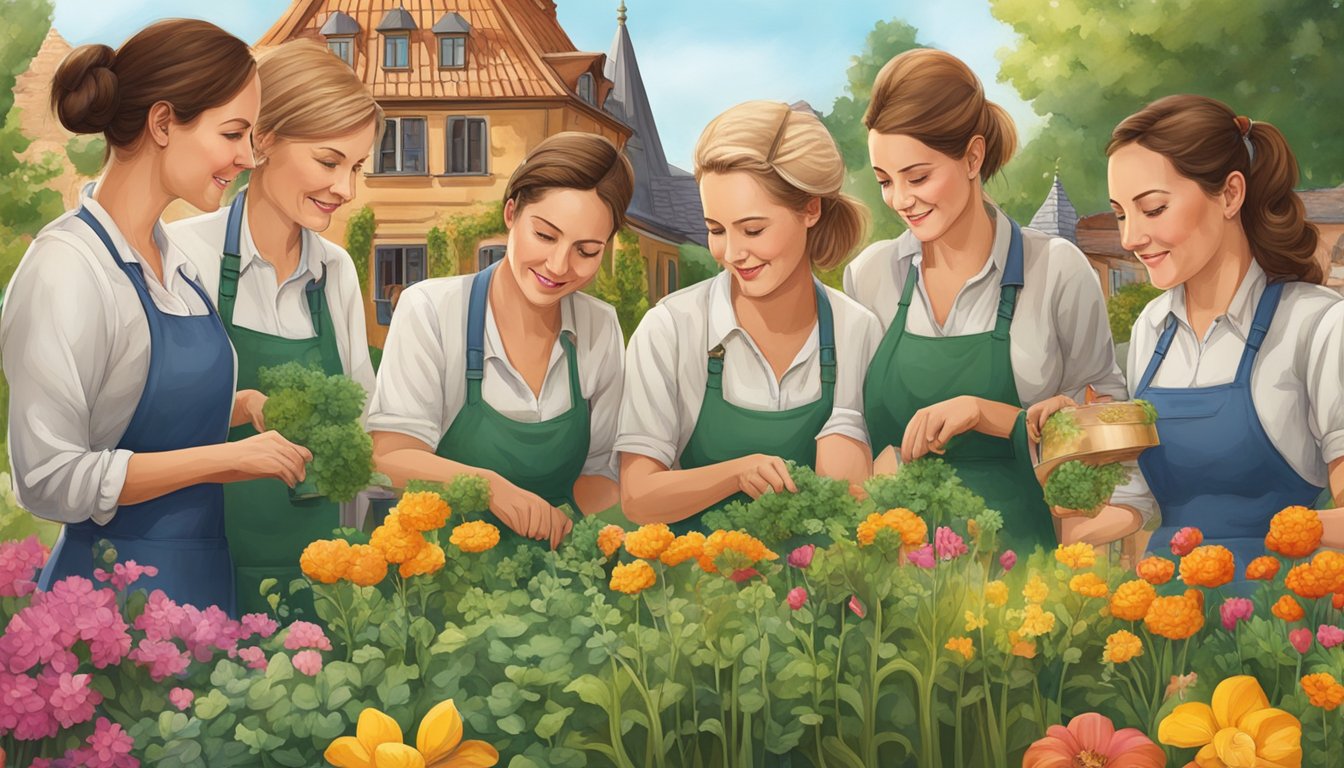 A group of German Texan women working together to tend to a vibrant garden, surrounded by traditional German architecture