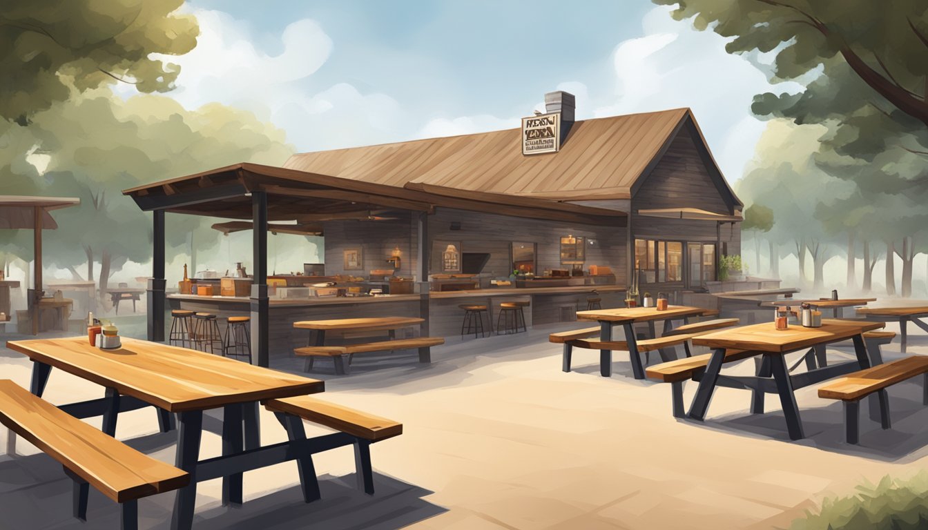 A rustic Texas barbecue joint with a mix of German and Texan influences, featuring a smoky pit, wooden picnic tables, and a welcoming outdoor atmosphere