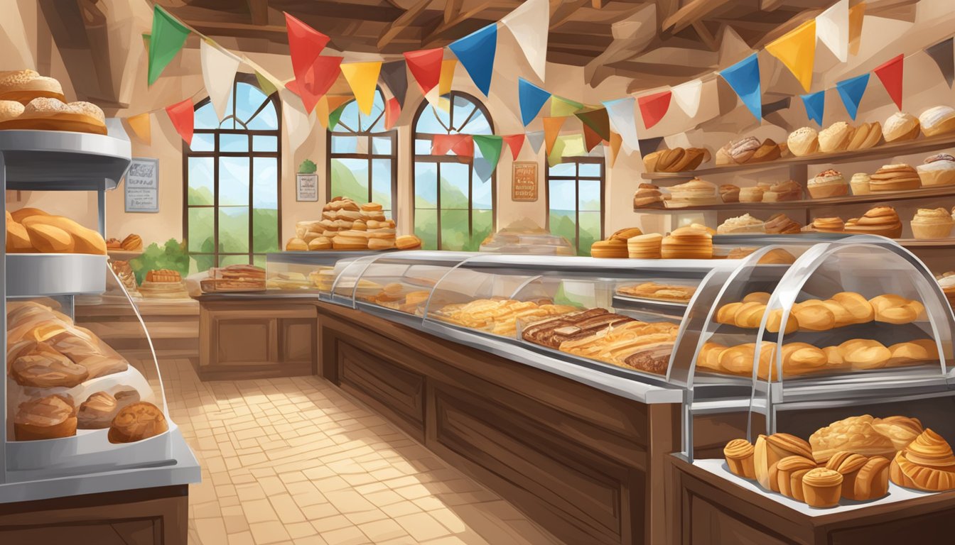 A bustling German Texan bakery, filled with traditional pastries and decorated with festive banners for a cultural celebration