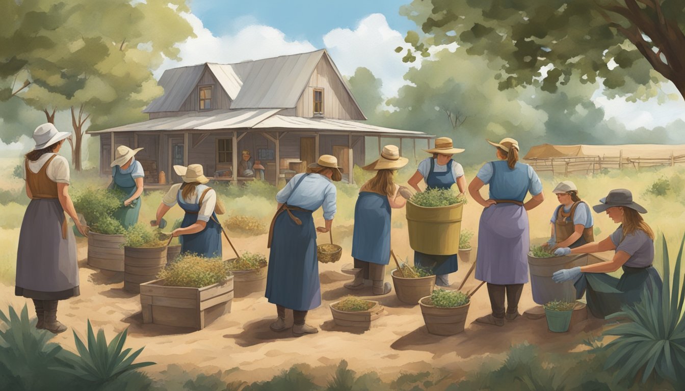 A group of German Texan women gather to build and develop their community, constructing homes and tending to the land