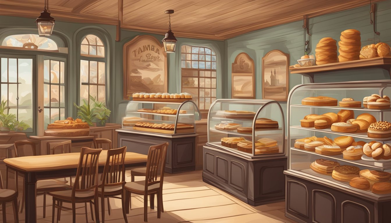 A quaint German Texan bakery with a display of traditional pastries and cakes. A warm, inviting atmosphere with vintage decor and a hint of nostalgia