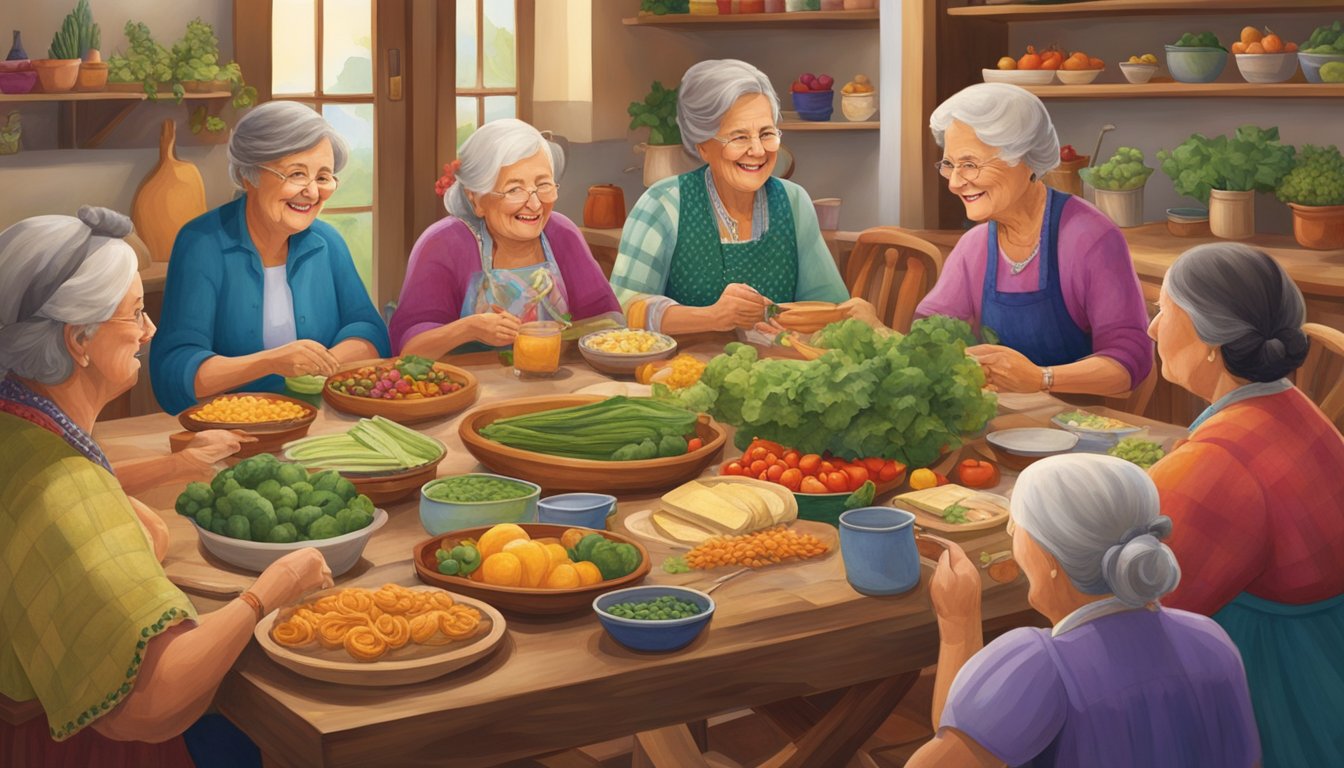 A group of German Texan women gather around a communal table, sharing recipes, stories, and traditions. They are surrounded by colorful quilts, traditional clothing, and fresh produce