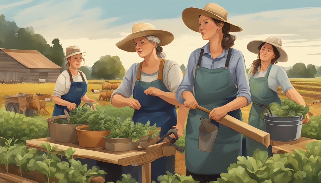 A group of German Texan women working in a rural setting, tending to crops and livestock, with a mix of traditional and modern tools and equipment