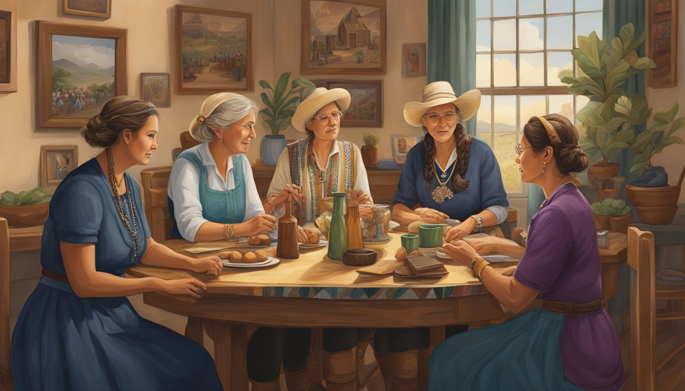 A group of German Texan women gather around a table, sharing stories and traditions from their heritage. The room is adorned with symbols of their cultural history, reflecting the influence of global conflicts on their legacy