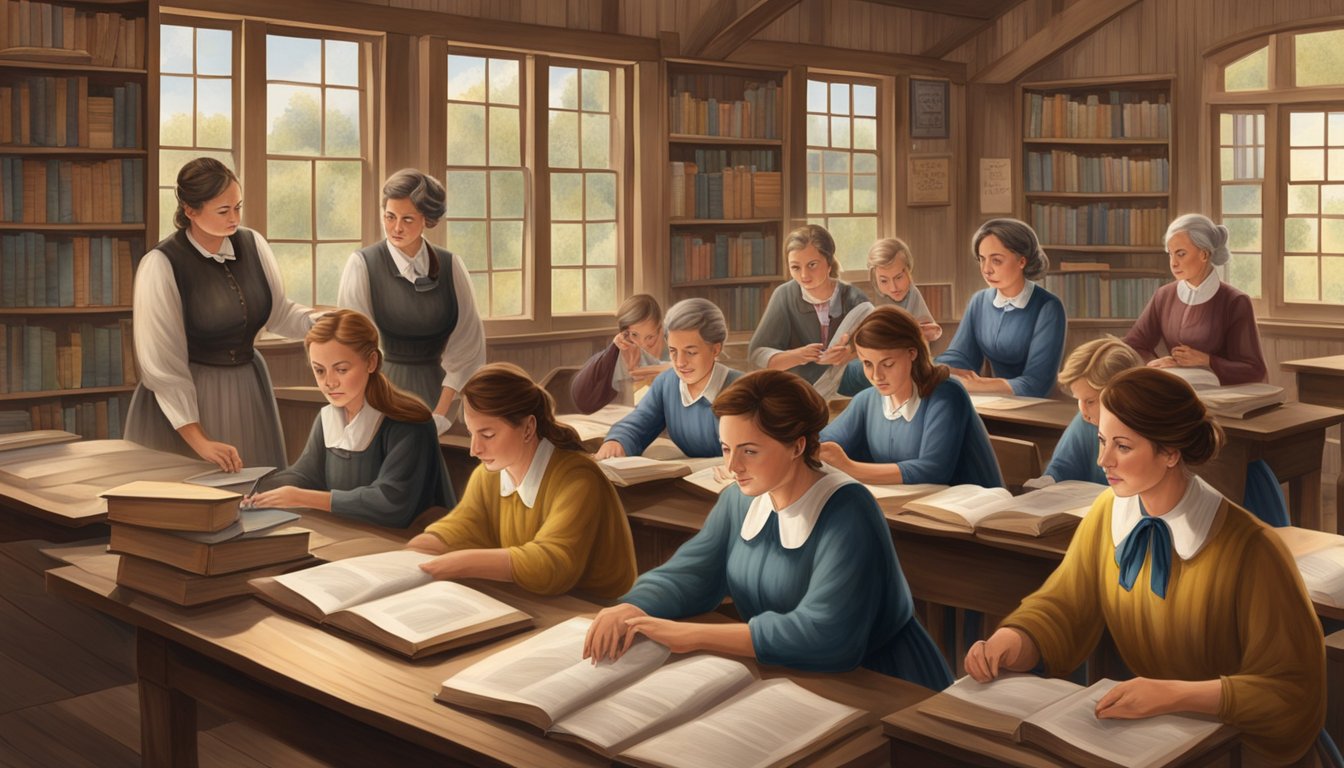 A group of German Texan women teaching in a one-room schoolhouse, surrounded by books and educational materials