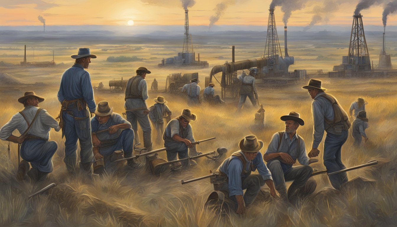 A group of German Texans working together to drill for oil in the Texas landscape during the dawn of the Texas oil boom