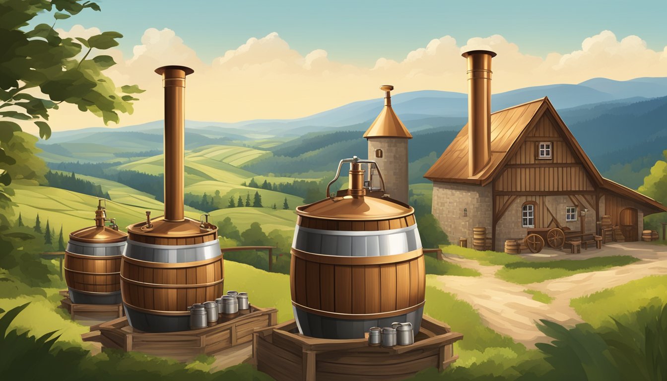 A traditional German-style brewery with copper brewing kettles and wooden barrels, surrounded by rolling hills and a clear blue sky