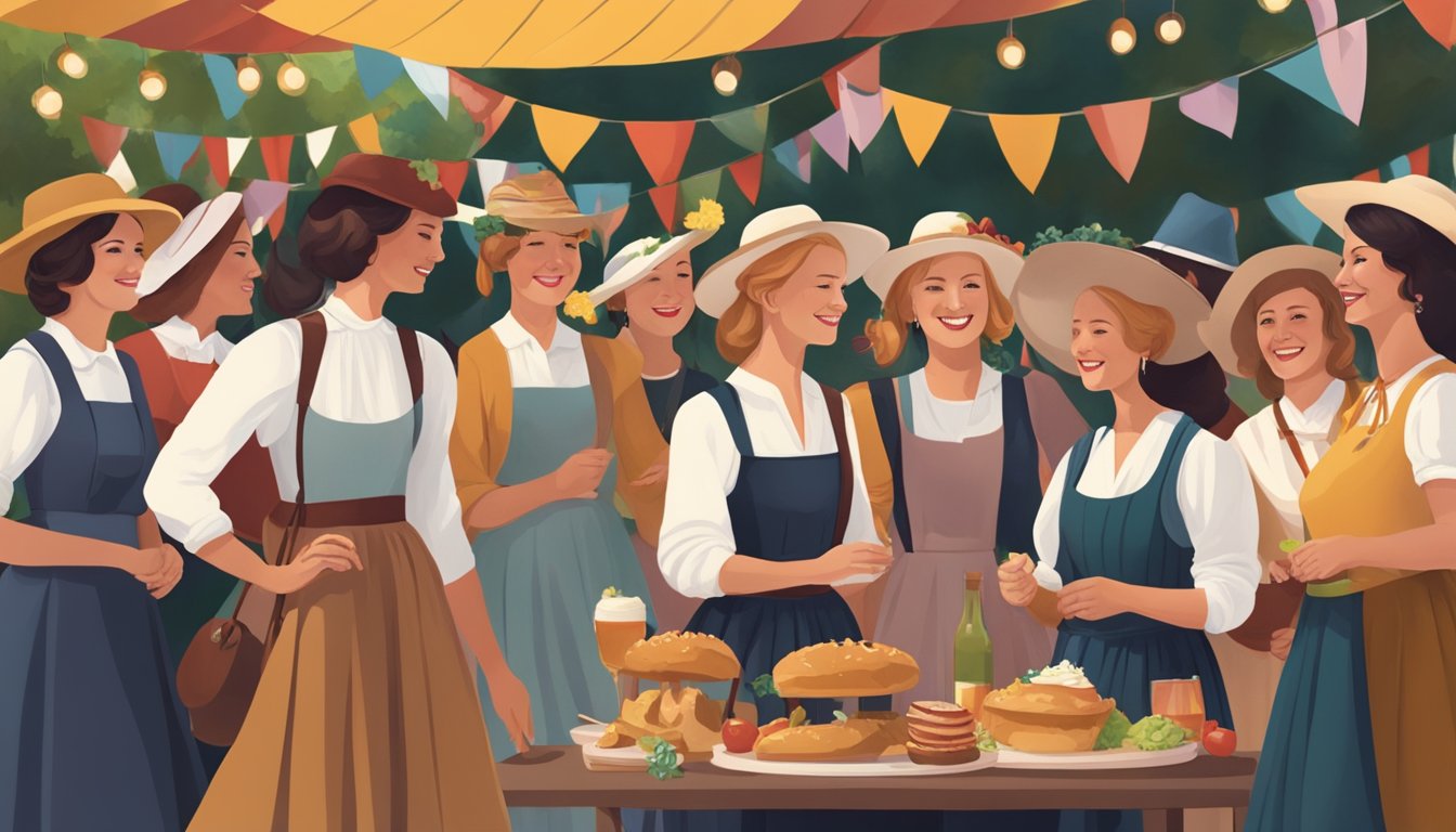 A group of contemporary German-Texan women gathering at a traditional German festival, celebrating their heritage with music, dance, and food