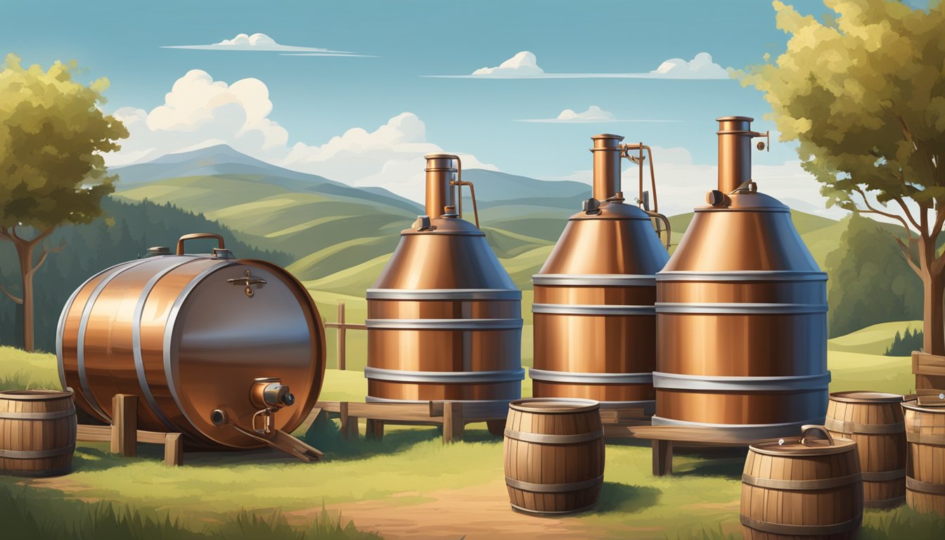 A traditional German-Texan brewery with copper brewing kettles and wooden barrels, surrounded by rolling hills and a clear blue sky