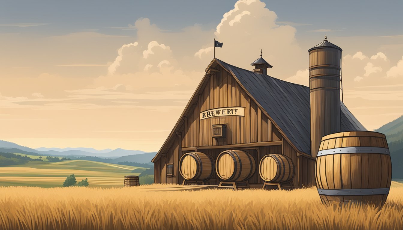 A rustic brewery with traditional German architecture, surrounded by rolling Texas hills and fields of barley. A line of wooden barrels and a sign with the brewery's name add authenticity to the scene