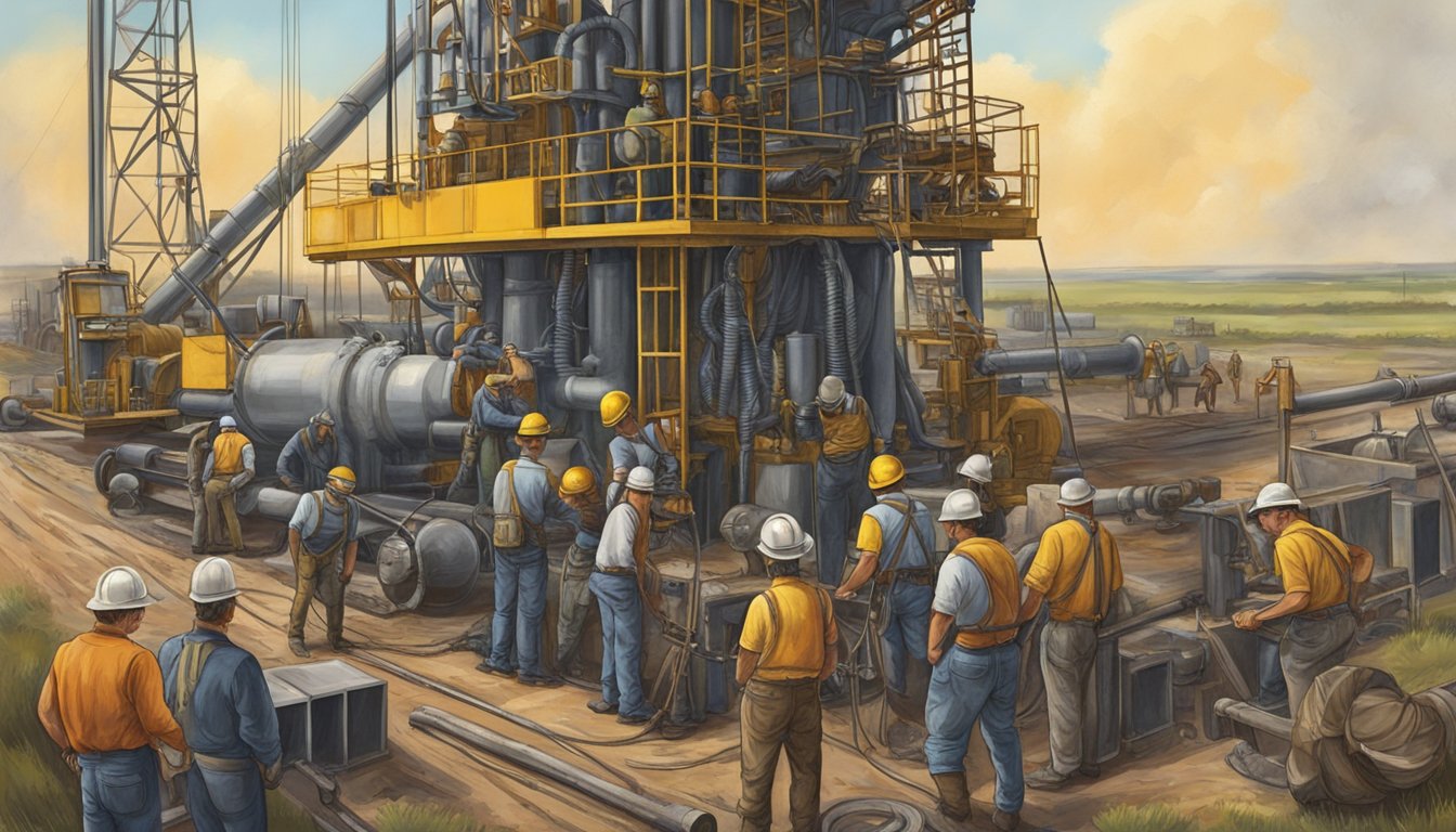 A group of German Texans working on oil rigs, drilling equipment, and pipelines, contributing to the Texas oil boom