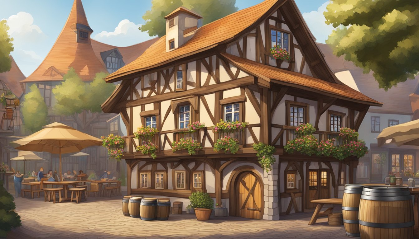 A traditional German Texan brewery with half-timbered architecture, beer barrels, and a welcoming beer garden