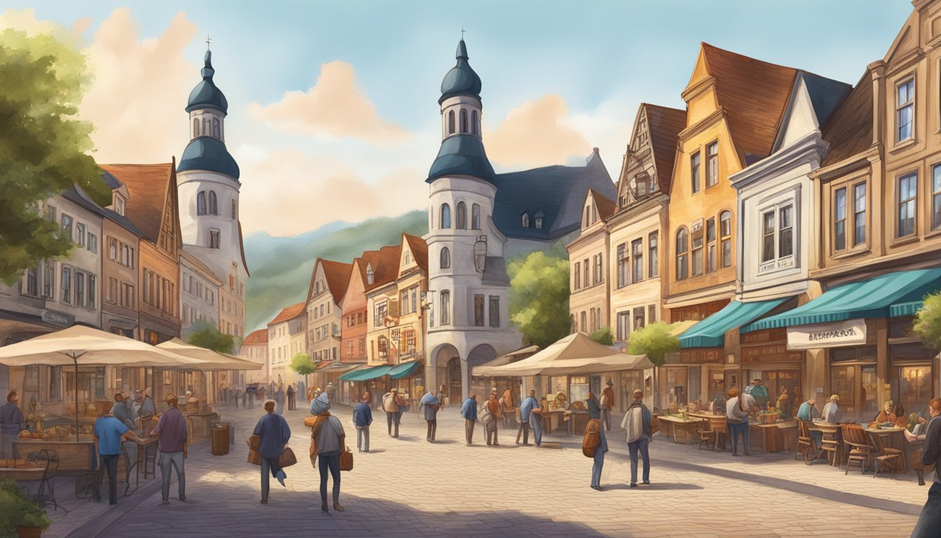 A bustling German Texan town square with traditional architecture and thriving businesses