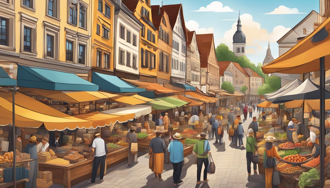 A bustling marketplace with traditional German and Texan symbols, blending cultures and showcasing successful businesses