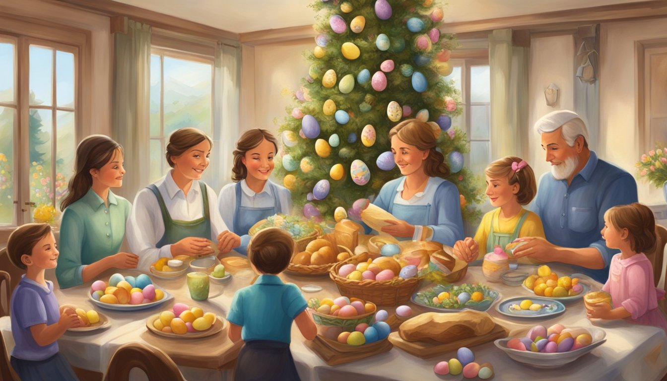 A German Texan family gathers around a festive Easter table, decorated with colorful eggs and traditional Easter bread. A large Easter tree stands in the background, adorned with hand-painted eggs and ribbons